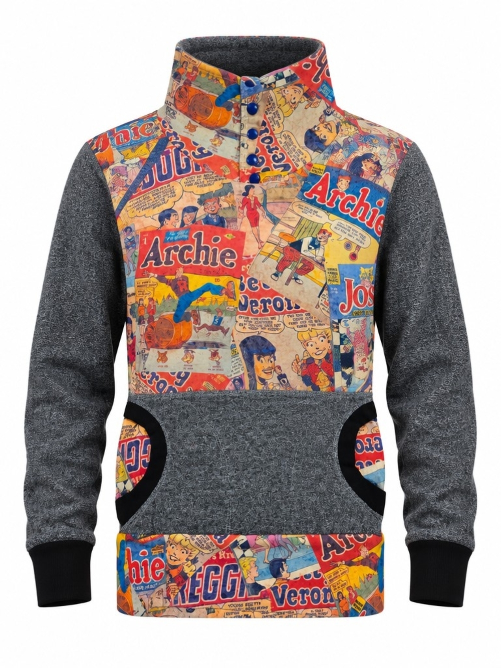 Archie Comic Panel Kids Pullover Hoodie Gray & Multicolor Handmade French Terry